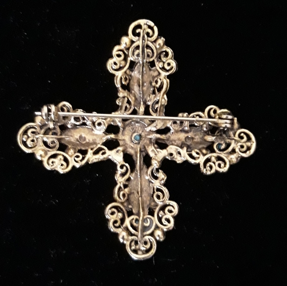 Vintage Filigree Cross with Enamel Accents Brooch or Pin - Picture 2 of 5